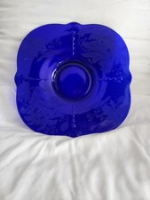 Paden City 10" Cobalt Blue Glass Square Console Tray plate Orchids Crows feet