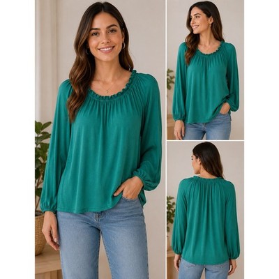 Violets & Roses Evergreen Green Ruffle Neck Peasant Top Petite Small NWT