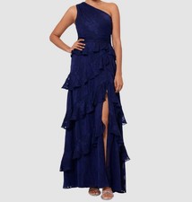 Xscape Women's Blue Tiered One-Shoulder Gown Dress Size 12