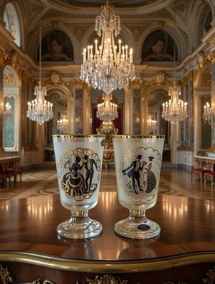 Antique Bohemian Glass Cups Goblet M Art Deco Silhouette Ballet Dancers Painting