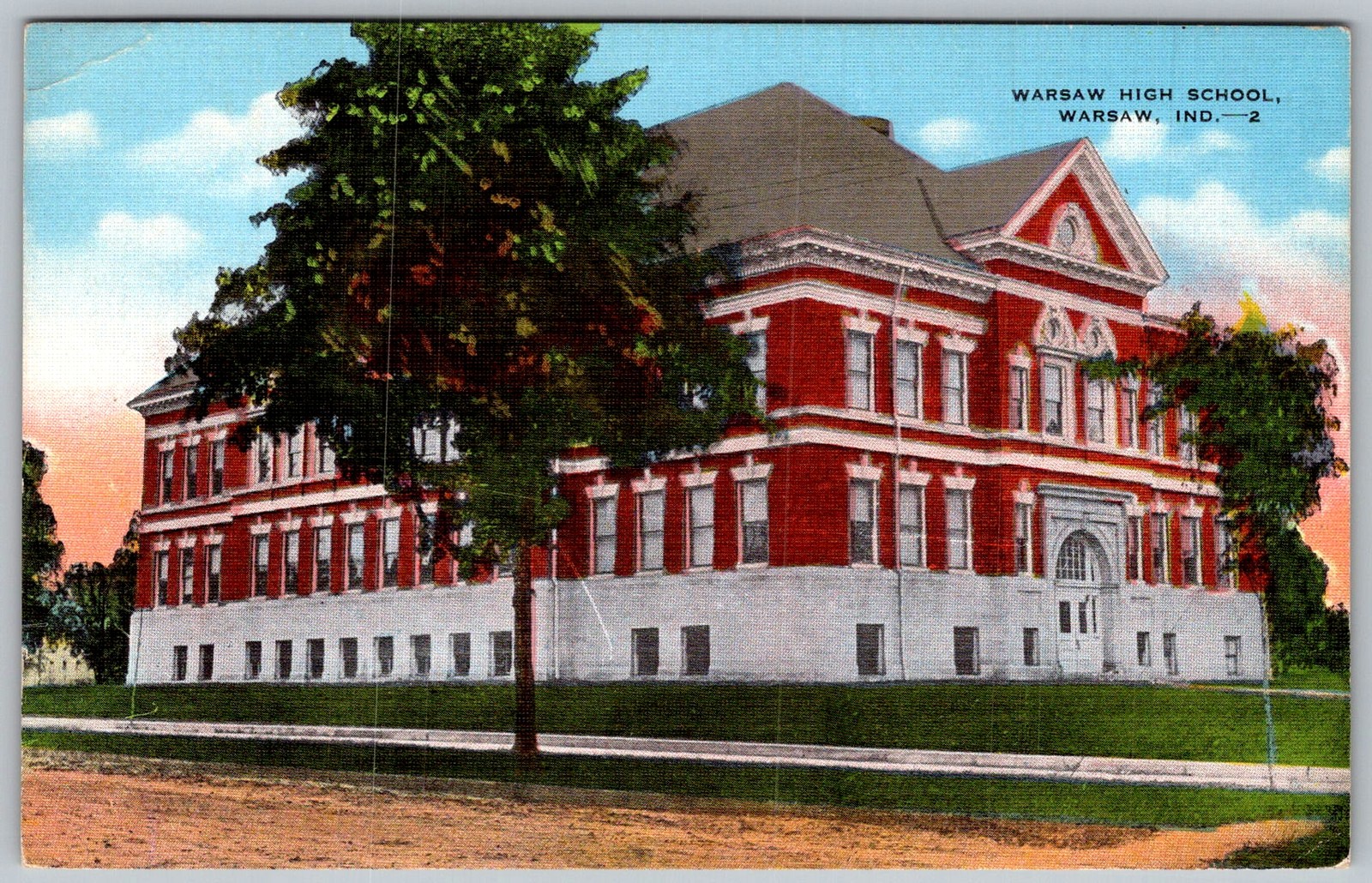 Vtg Linen Postcard High School Building Warsaw, 1930s