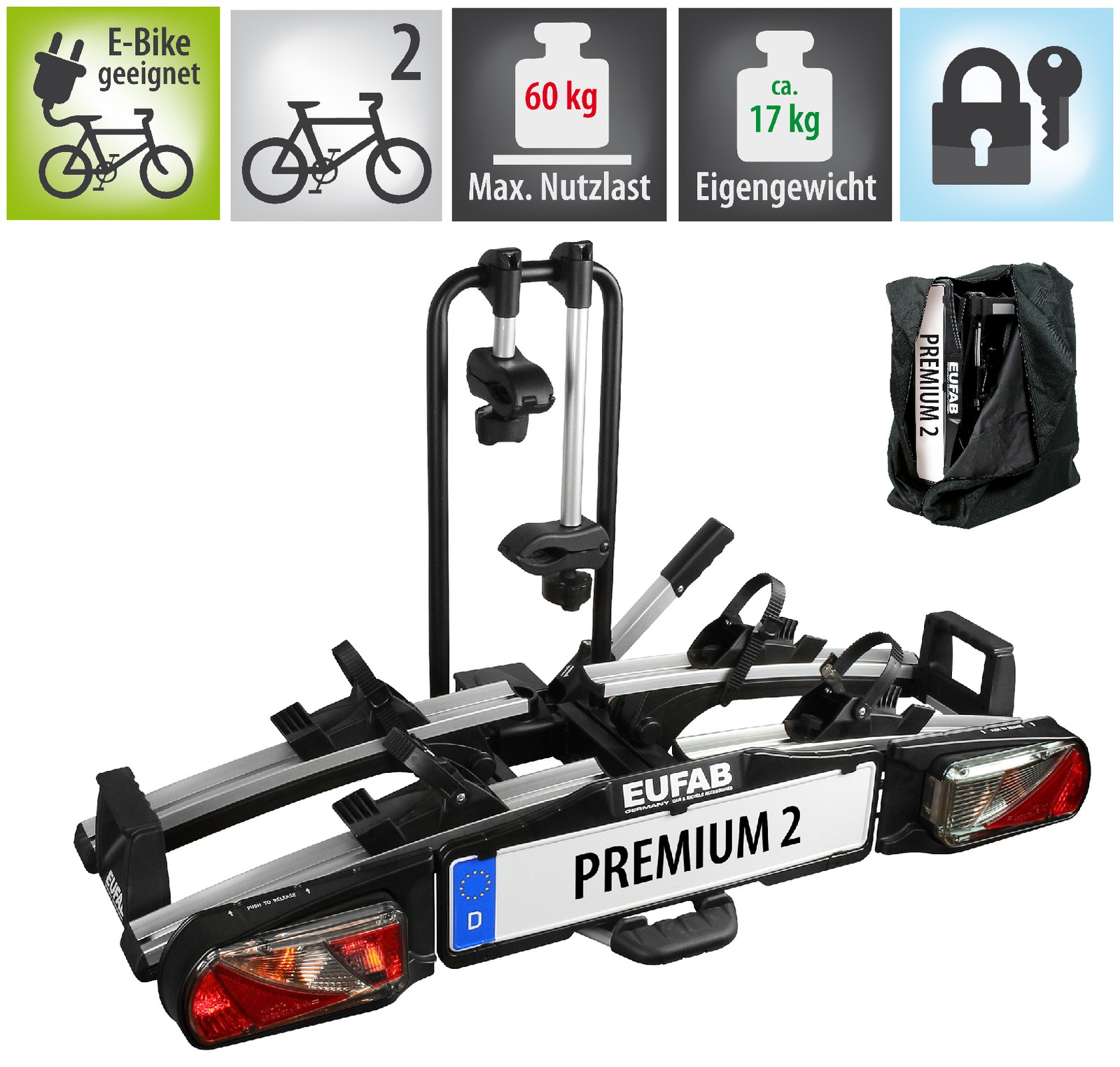 Eufab Premium 2 Fahrradträger für 2 Fahrräder Heckträger Anhängerkupplung E-Bike
