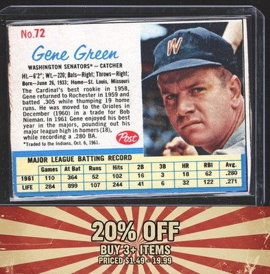 1962 Post Cereal #72 Gene Green Washington Senators
