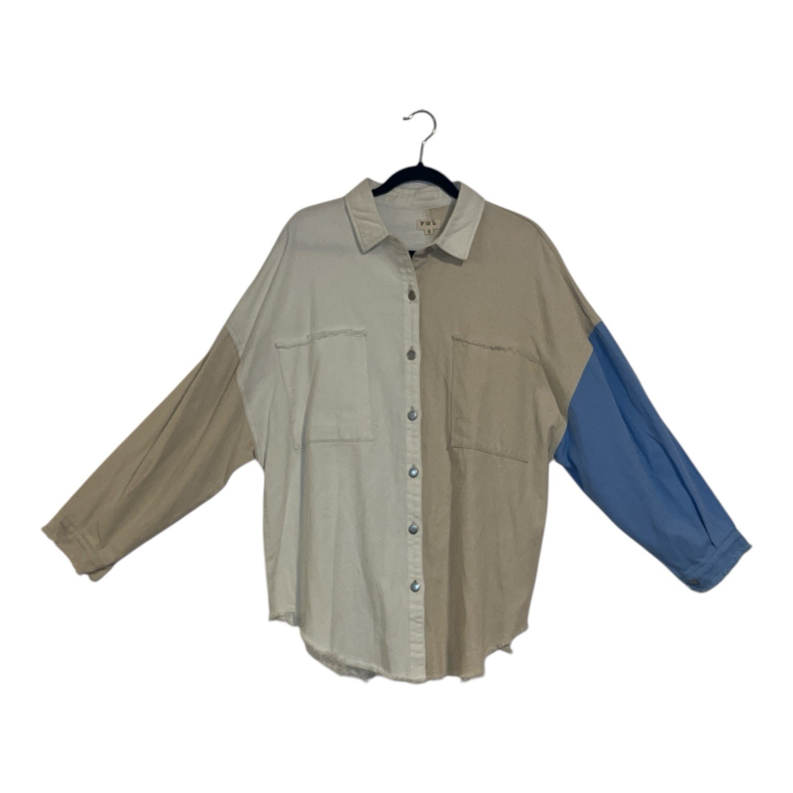 POL Denim Beige Blue White Raw Oversized Shacket Jacket Small Anthropologie