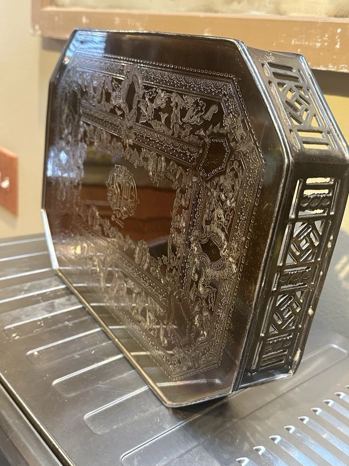 大号 14 英寸 x 10 英寸镀银穿孔画廊托盘雕刻/装饰/重型 — 第 3/4 张图片