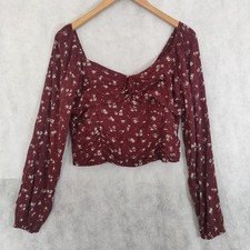 Hollister XL Burgundy Ditsy Floral Long Sleeve Crop Top Ruched Milkmaid Western
