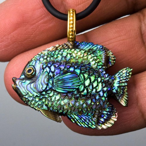 Fisch Anhänger Geschnitzter Abalone-Muschel Gold Vermeil Silber Saphir - Bild 8 von 13
