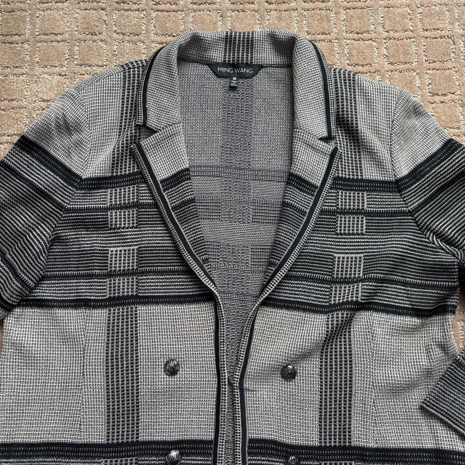 Chaqueta Blazer Ming Wang Tejida a Rayas Para Mujer Mediana Negra Gris Ropa de Trabajo Madura Foto 2 de 4