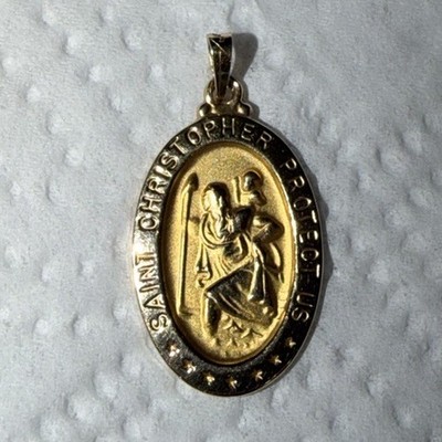 Vintage Yellow Gold 14K  Saint Christopher Protect Us Medal Pendant Real Gold Te
