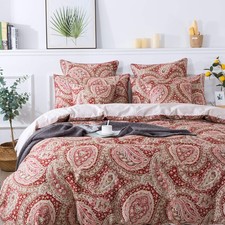 Paisley Duvet Cover Set 100 Cotton Ultra Soft Red and Beige Reversible Paisl...