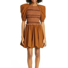 Ulla Johnson Dress Women Size 0 Tan Kali Smock Bodice Cotton Bubble Hem Mini