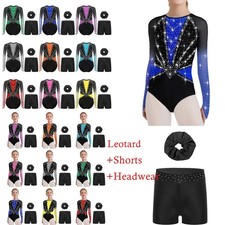 Girls Sparkly Unitard Biketard with Tumbling Shorts Hairband Gymnastics Leotard