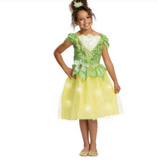 DISNEY GIRLS 7-8 PRINCESS TIANA FANCY DRESS COSTUME LIGHTED WITH HEADPIECE NEW