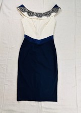 Hybrid London Cream Navy Lace Bardot Dress UK 8 Pencil Midi Bodycon Occasion