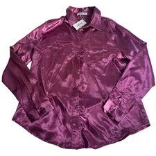 Pausus Womens Small Blouse Pink Satin Silk Button Up Long Sleeve Shirt Top NWT