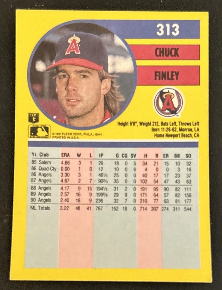 Tarjeta de béisbol Fleer Chuck Finley 1991 #313 Angels Pitcher en muy buen estado buen estado Foto 2 de 2