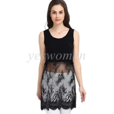 Womens Casual Flowy Fit Long Tunic Tank Top With Lace Trim Blouse Shirt Plus 4XL