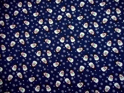 Christmas Fabric 1 Yard Sm Snowmen Snowflakes on Navy Blue Cotton #27 Vtg
