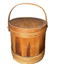 Very Large Antique Wooden Firkin Bucket w/Lid Sugar Bucket W/ 4 Bands