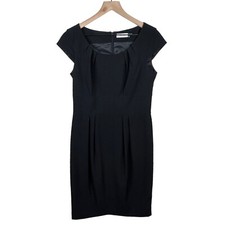 Calvin Klein Black Scoop Neck Cap Sleeve Pleated Knee Length Sheath Dress Size 6