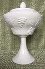 VINTAGE WHITE MILK GLASS HARVEST GRAPE PEDESTAL COMPOTE CANDY DISH WITH LID