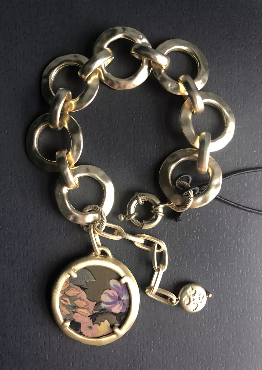 NWT PATRICIA NASH Hammered Link Gold Tone Leather Floral Inset