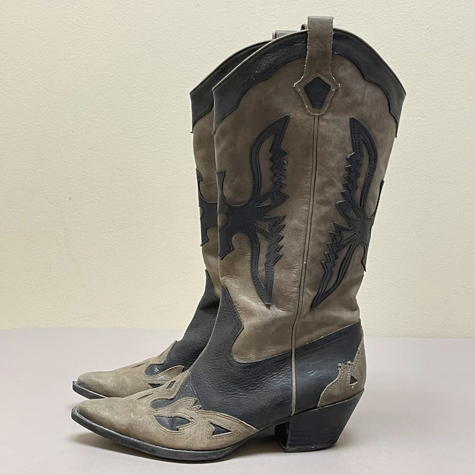 Botas de Vaquero Reba Justin Mujer 7 M Gris Cuero Negro Incrustación Águila Punta Foto 3 de 4