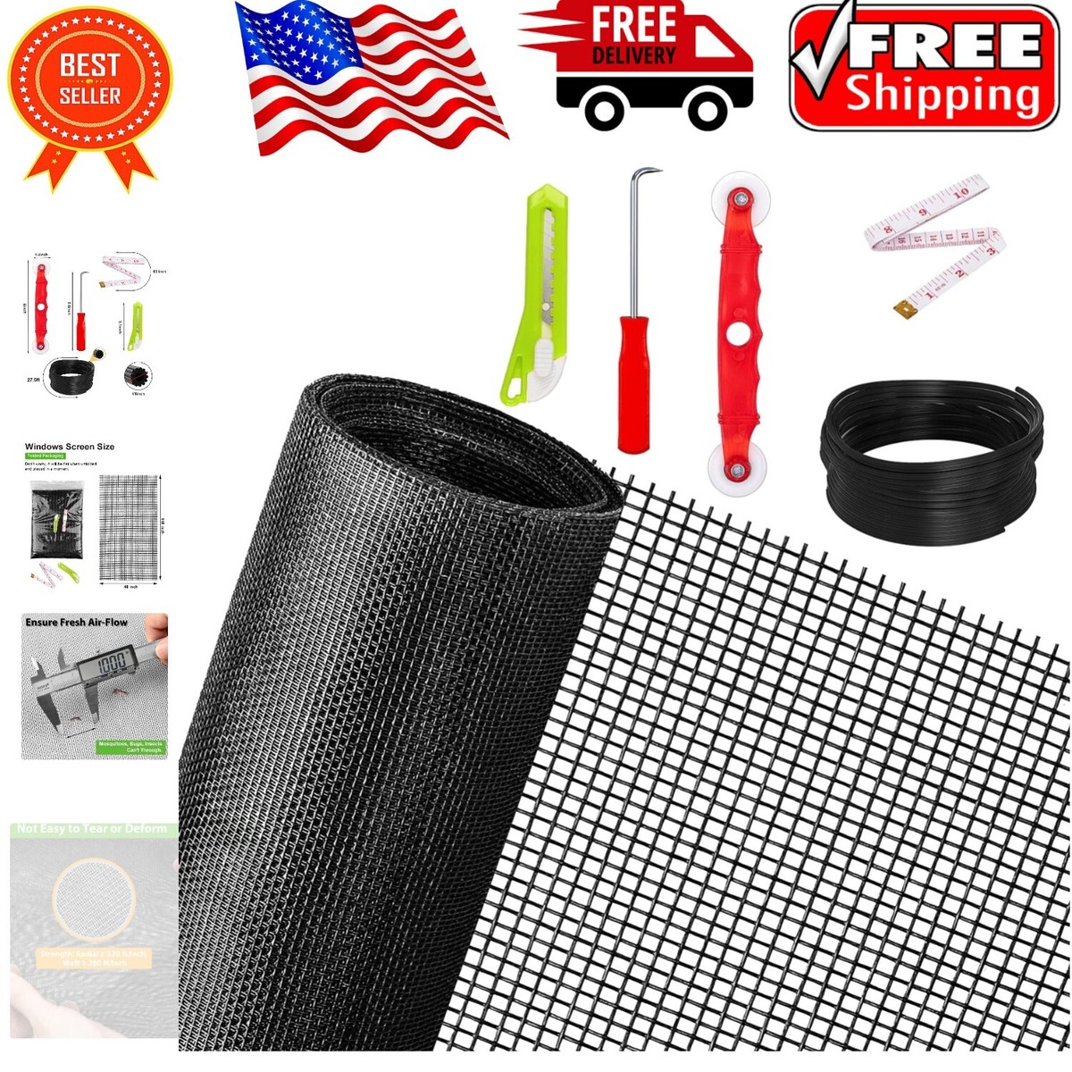 Sliding Screen Door & Window Repair Kit – 48x118 Black Fiberglass Mesh, Spline Roller Tools, Hook, Cutter, Ruler