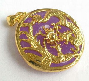 Authentic Purple Violet Jade Yellow Gold Plated Dragon Phoenix Sun Pendant Chain Necklace