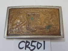 VINTAGE HAND ETCHED ORNATE COPPER WESTERN BELT BUCKLE COWBOY BOOTS