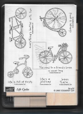 NEW LIFE CYCLES SET 6 BIKES WORDS Stampin Up! 2005 Wood FUN SUMMER RUBBER STAMPS