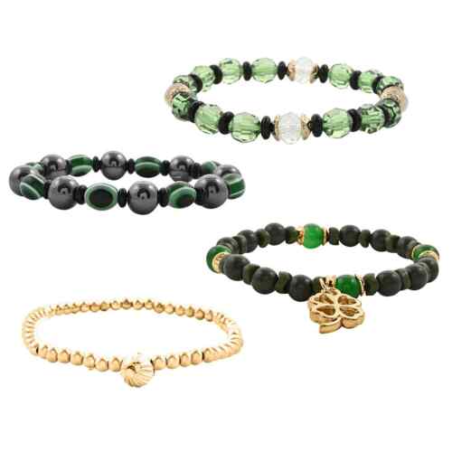 Set of 4 Multi Gemstone and Glass Multistand Stretch Bracelet With Charms in
