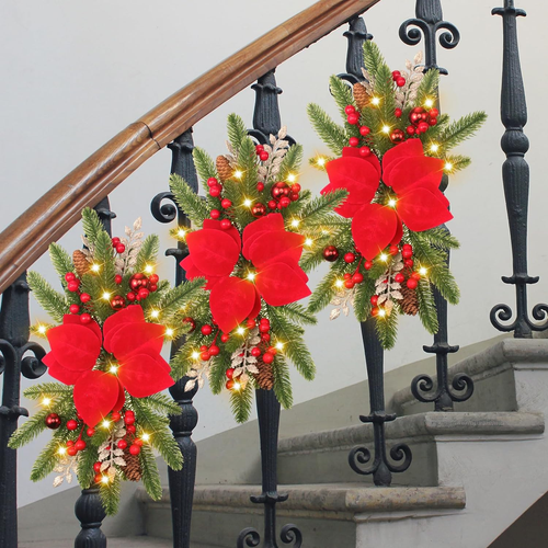3 Pcs Christmas Swag Prelit Teardrop Swag Christmas Wreaths Staircase Decoration