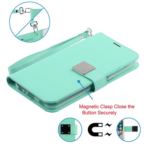 Leather Bi-Fold Wallet Card Holder Cash Pocket Cover Case for LG K51 TEAL GREEN - Picture 4 of 8