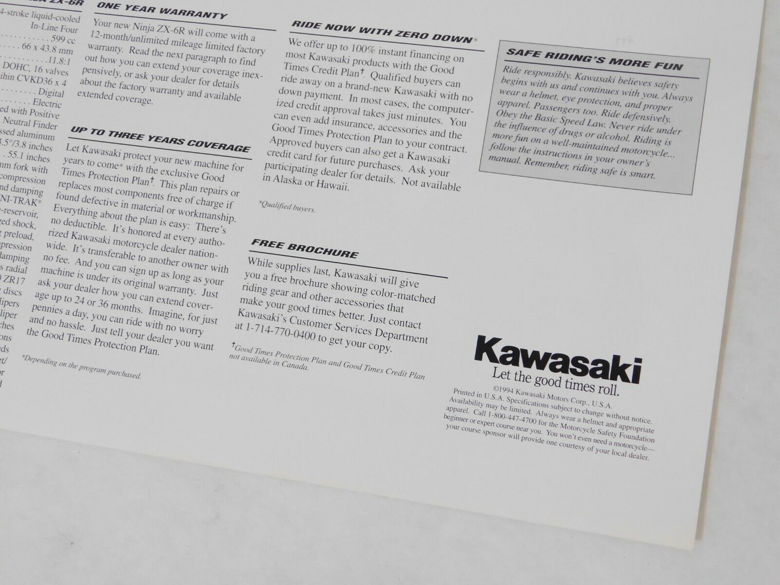 1995 Genuine Kawasaki ZX-6R Ninja 600 Factory Brochure Dealer Sales  Literature