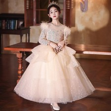Kids Girl Ball Gown dress Feather Sequins Sleeve Princess Wedding Frock adze1