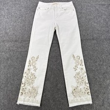 We The Free Jeans Womens 25 White Embroidered Floral Boho Raw Hem Denim Pants