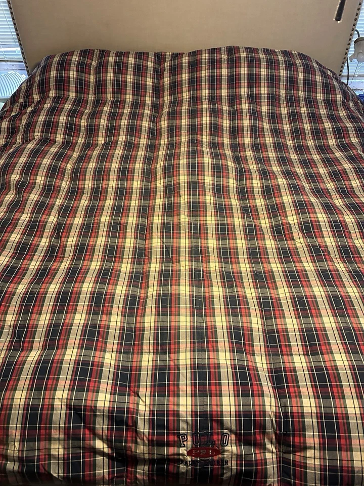 Edredón de plumón reversible Polo Ralph Lauren King azul marino rojo tostado reparación a cuadros Foto 2 de 4