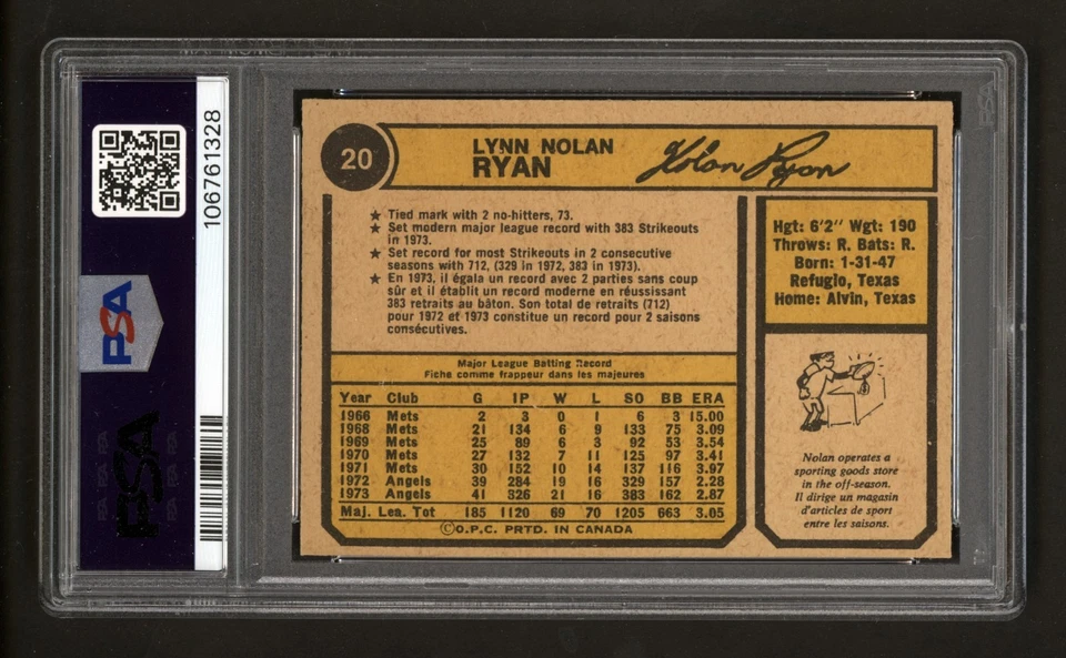 1974 OPC #20 NOLAN RYAN PSA 8 NEAR MINT-MINT - Image 2 of 2