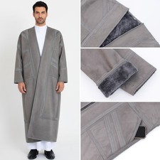 Abaya Men Kaftan Muslim Dishdasha Open Kimono Winter Thicken Suede Cardigan Arab