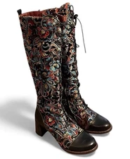Spring Step L’Artiste Rarity Embroidered Floral Leather Tall Boots Side Zip 7.5