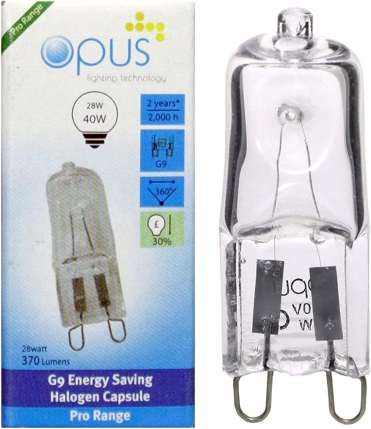 5 x Opus G9 28w = 40w 240v Clear Long Life Eco Halogen Dimmable Light Bulbs