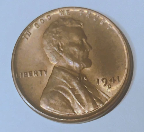 1941 D Lincoln Wheat Cent, AU, Off Center Strike error