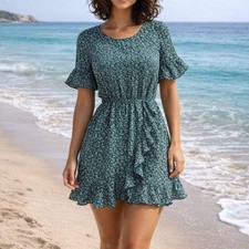 Dark green print ruffle front & hem gypsy dress Size S