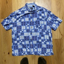 Nat Nast Bowling Silk Blend Blue Geometric Pattern Short Sleeve Button Shirt L
