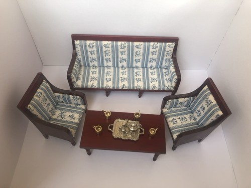 Dolls House Furniture Three-Piece Soft Cushion Suite And Table With Tea Set - Picture 6 of 6