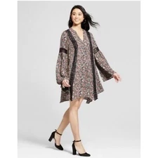 Knox Rose Dress Floral Black Boho Bell Sleeve Mini Women's Size S