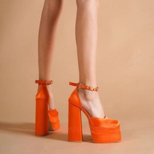 Women Super High Heel Buckle Platform Heels Rhinestone Chunky Heel Satin Sandals