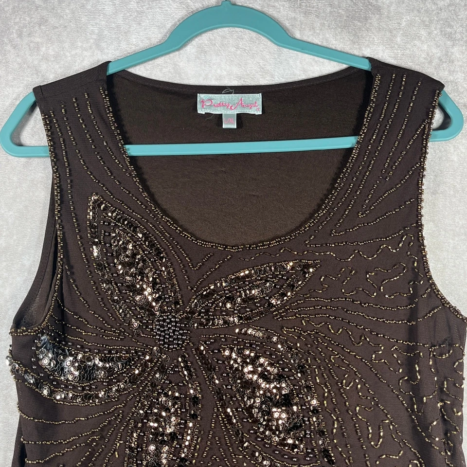 Camiseta sin mangas Pretty Angel vintage para mujer L/XL marrón tejida con cuentas lentejuelas Y2K grunge Foto 2 de 4