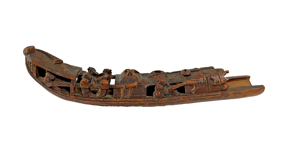 Chine Ancien -  Bateau Pêche Déco en Bambou Sculpté avec 8 Personnages - 19ème - Photo 2/4
